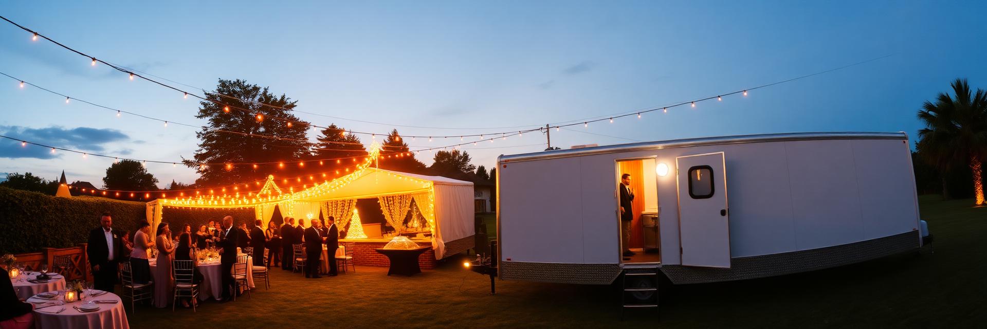 Luxury restroom trailer at an outdoor evening wedding