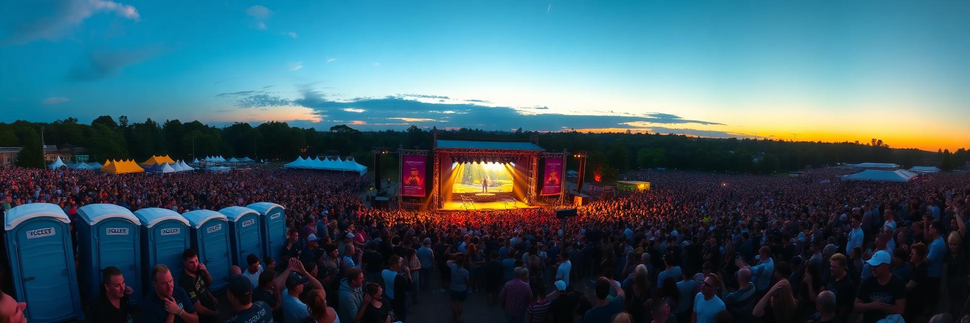 Festival crowd at sunset with portable toilets on the side