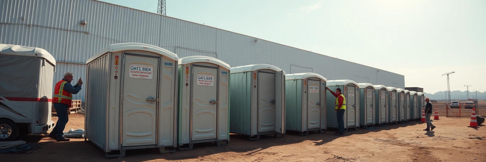 Workers setting up portable toilets at a staging area